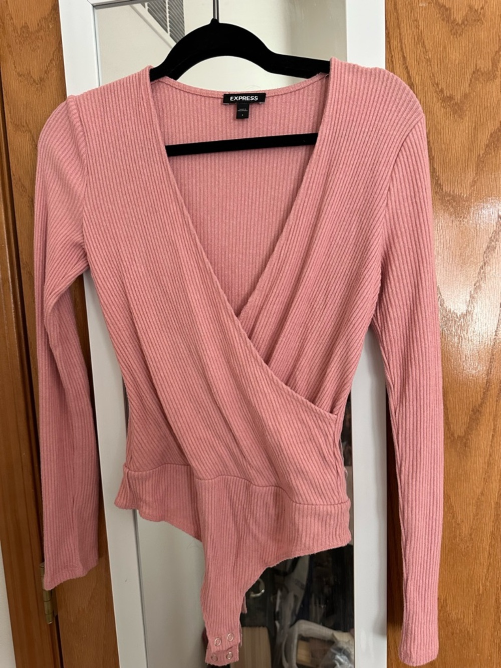 Express Ribbed Wrap-Front Long Sleeve Bodysuit - Dusty Rose Pink